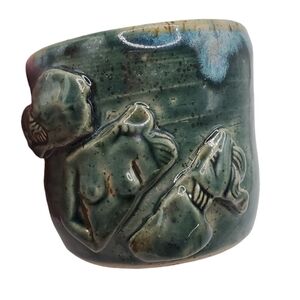 Handmade modern art sculpture mug FEMININE form green pottery ceramic artist 3"
